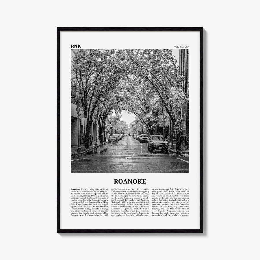 Roanoke no. 2 black & white newspaper poster of Virginia, USA – vertical wall art, unframed print shown in interior mockup