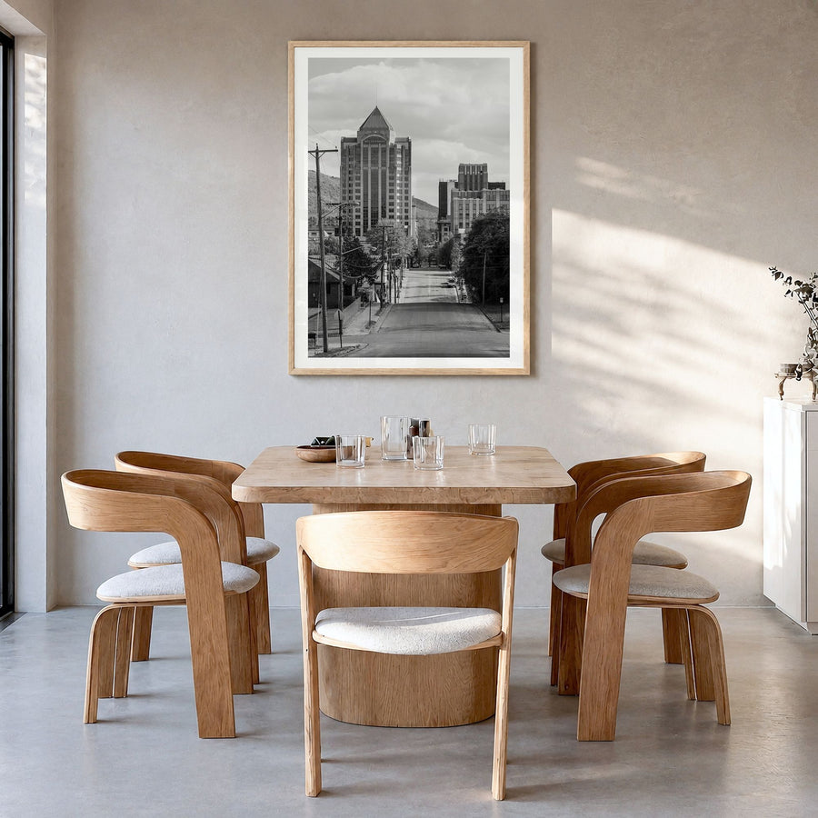 Roanoke Photo Poster in a natural wood frame, hanging in a dining room, white border
