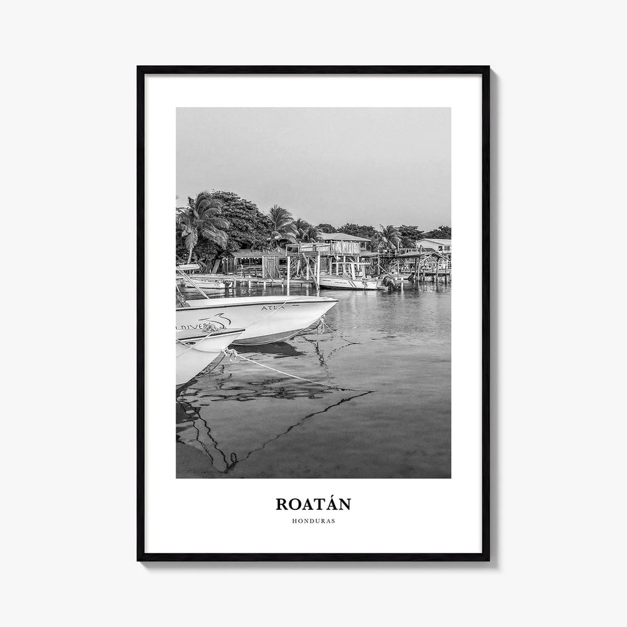 Roatán black & white classic poster of Honduras – vertical wall art, unframed print shown in interior mockup