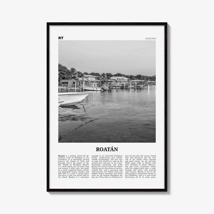 Roatán black & white newspaper poster of Honduras – vertical wall art, unframed print shown in interior mockup
