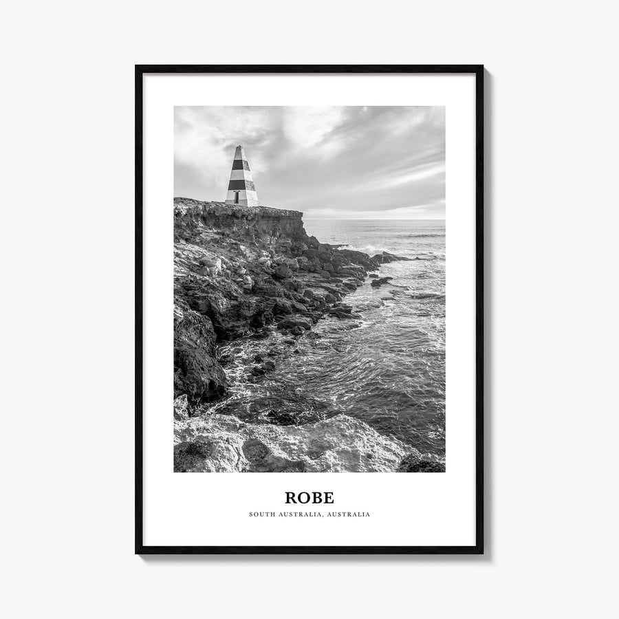 Robe black & white classic poster of Australia – vertical wall art, unframed print shown in interior mockup