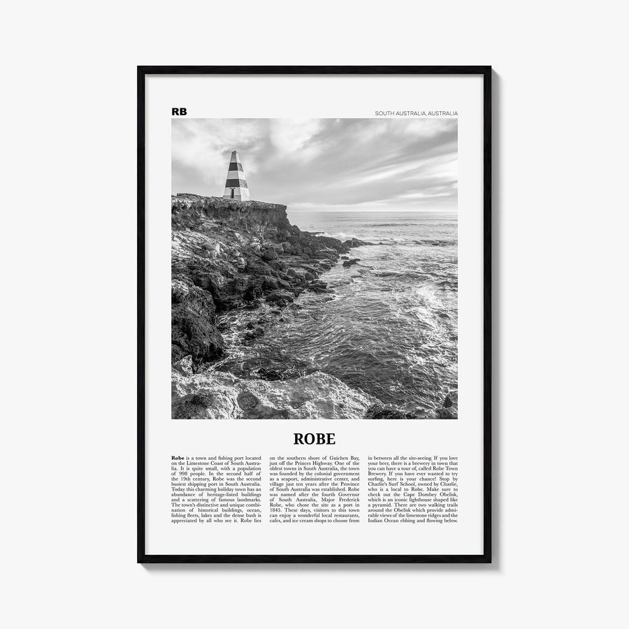 Robe black & white newspaper poster of Australia – vertical wall art, unframed print shown in interior mockup