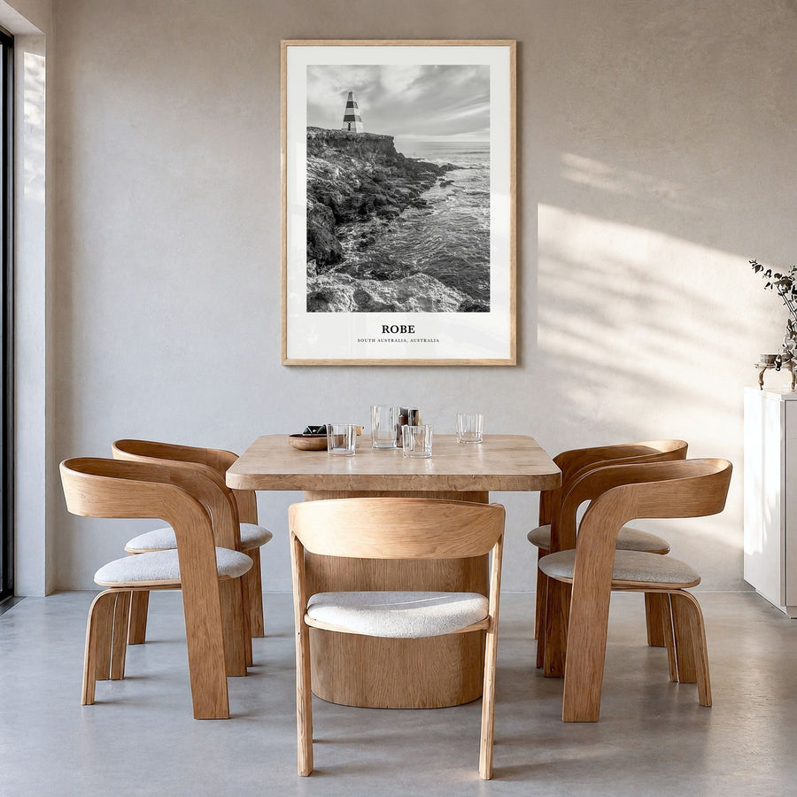 Robe Classic Poster in a natural wood frame, hanging in a dining room