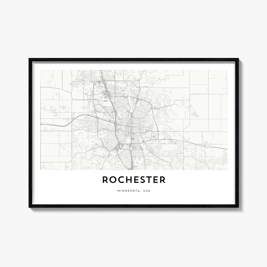 Rochester, Minnesota black & white map poster of Minnesota, USA – horizontal wall art, unframed print shown in interior mocku
