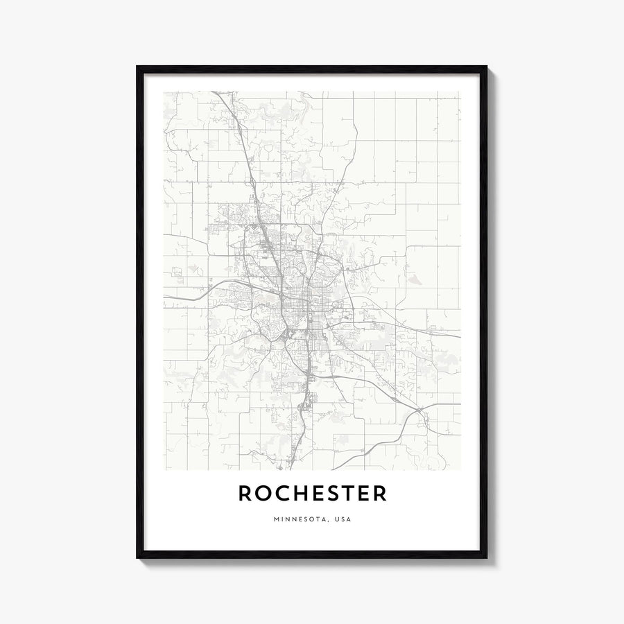 Rochester, Minnesota black & white map poster of Minnesota, USA – vertical wall art, unframed print shown in interior mockup