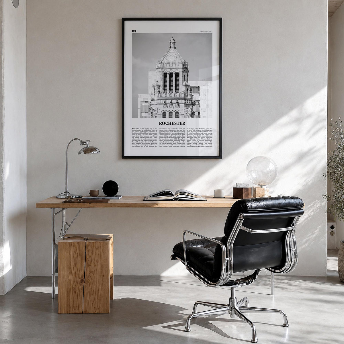 Rochester, Minnesota black & white newspaper poster of Minnesota, USA – vertical wall art in black wood frame, hanging on wal
