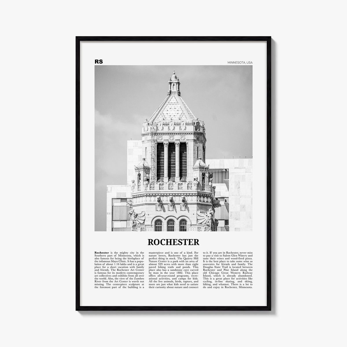 Rochester, Minnesota black & white newspaper poster of Minnesota, USA – vertical wall art, unframed print shown in interior m