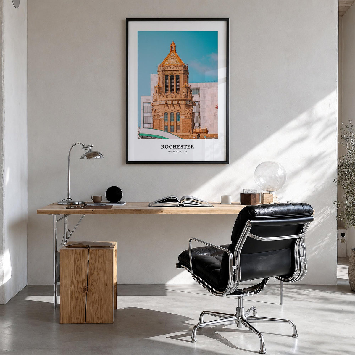 Rochester, Minnesota colorful classic poster of Minnesota, USA – vertical wall art in black wood frame, hanging on wall