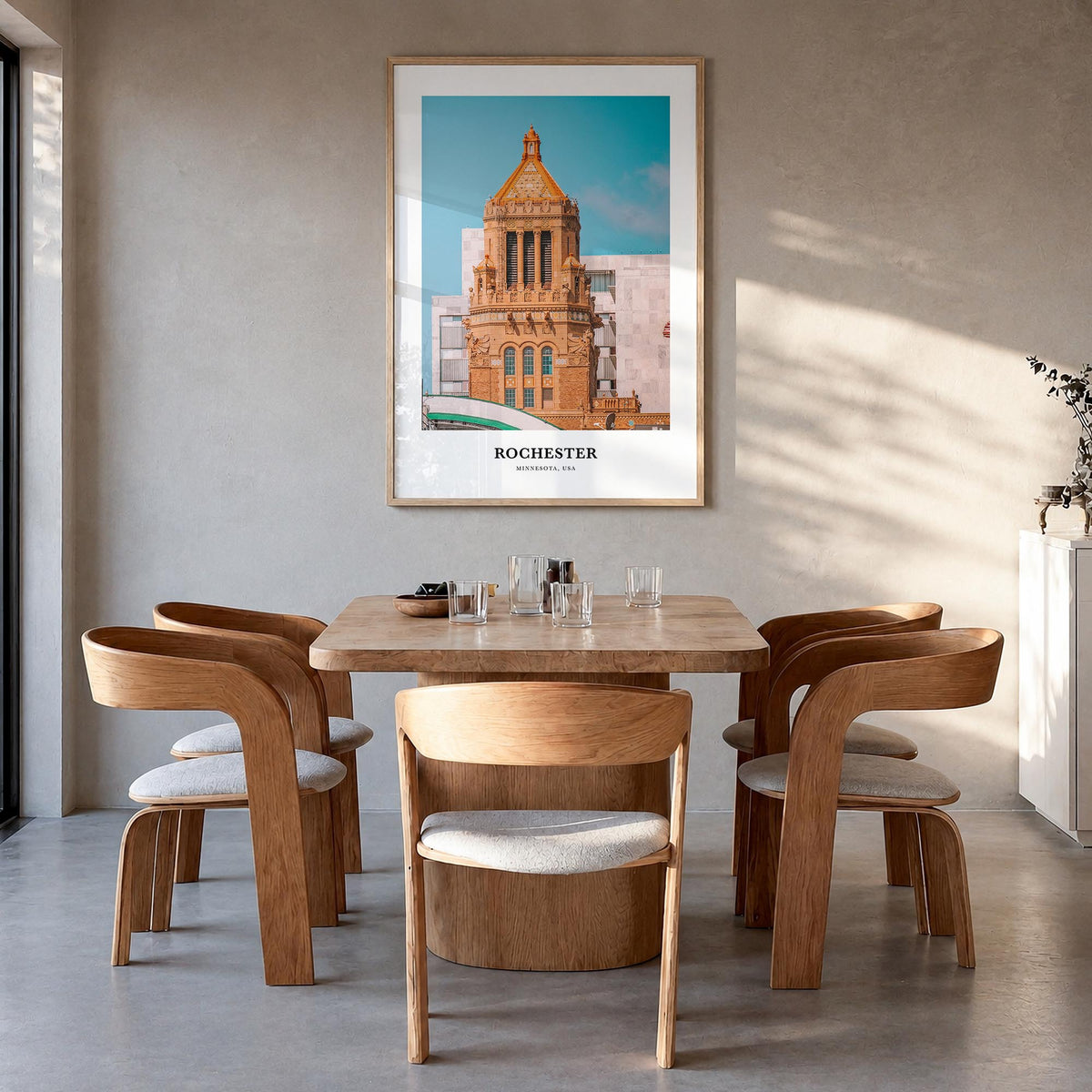 Rochester, Minnesota colorful classic poster of Minnesota, USA – vertical wall art in natural wood frame, hanging on wall