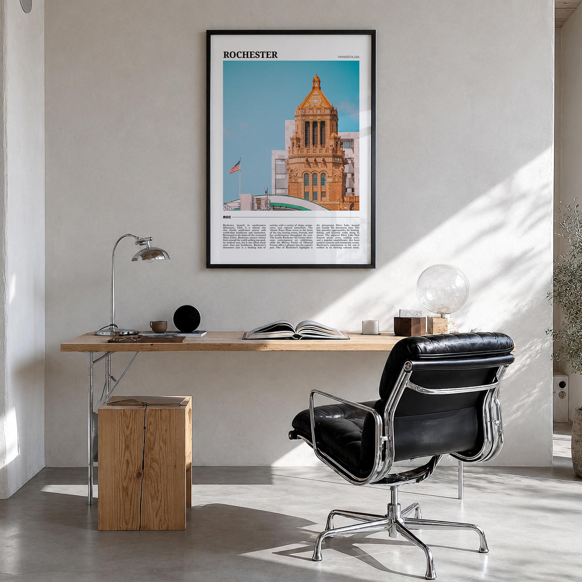 Rochester, Minnesota colorful travel poster of Minnesota, USA – vertical wall art in black wood frame, hanging on wall