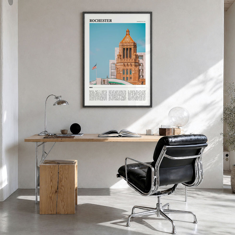 Rochester, Minnesota Travel Poster in a black wood frame, hanging in a bright home office
