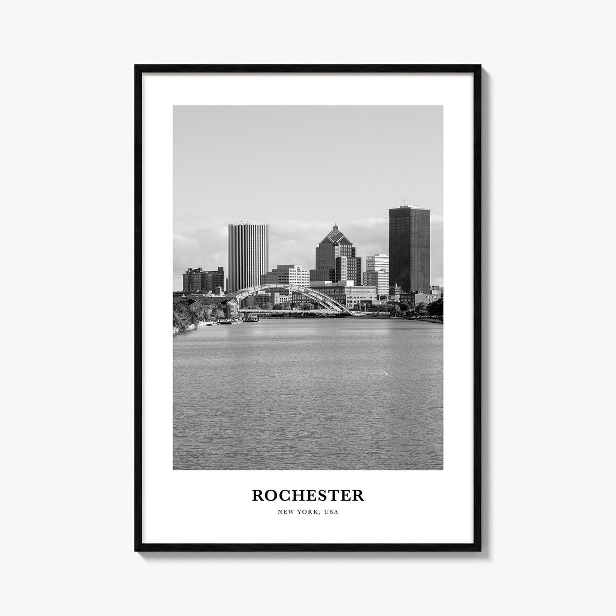 Rochester, New York black & white classic poster of New York, USA – vertical wall art, unframed print shown in interior mocku