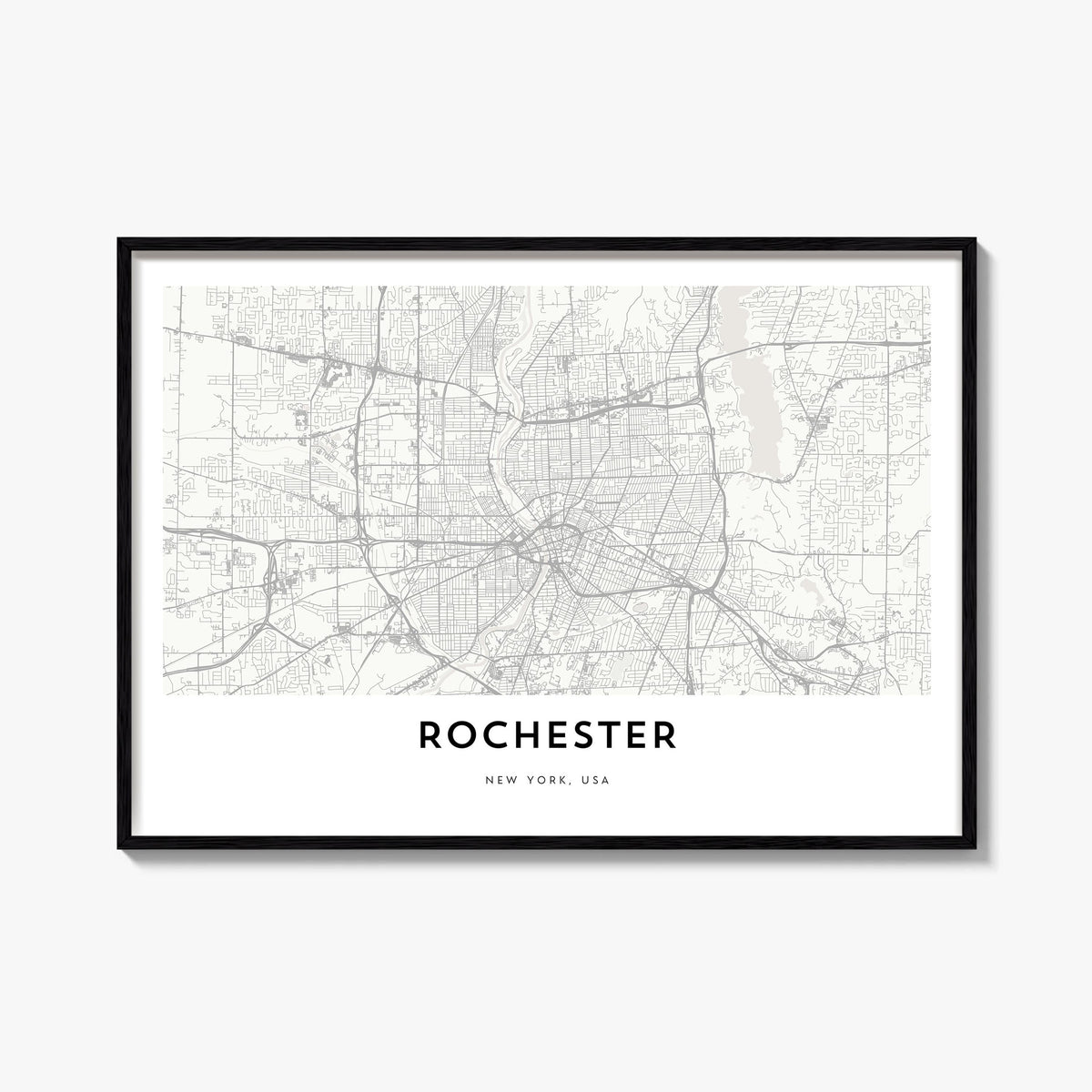 Rochester, New York black & white map poster of New York, USA – horizontal wall art, unframed print shown in interior mockup