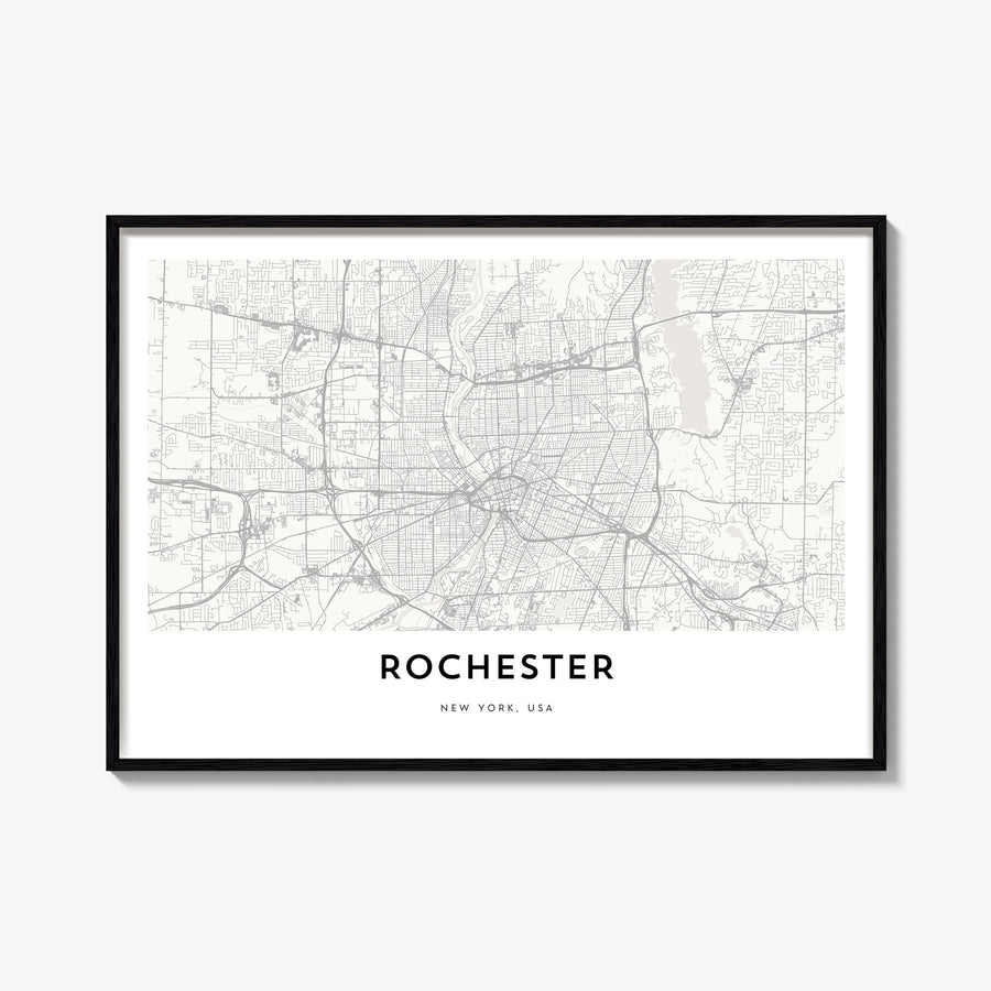 Rochester, New York black & white map poster of New York, USA – horizontal wall art, unframed print shown in interior mockup