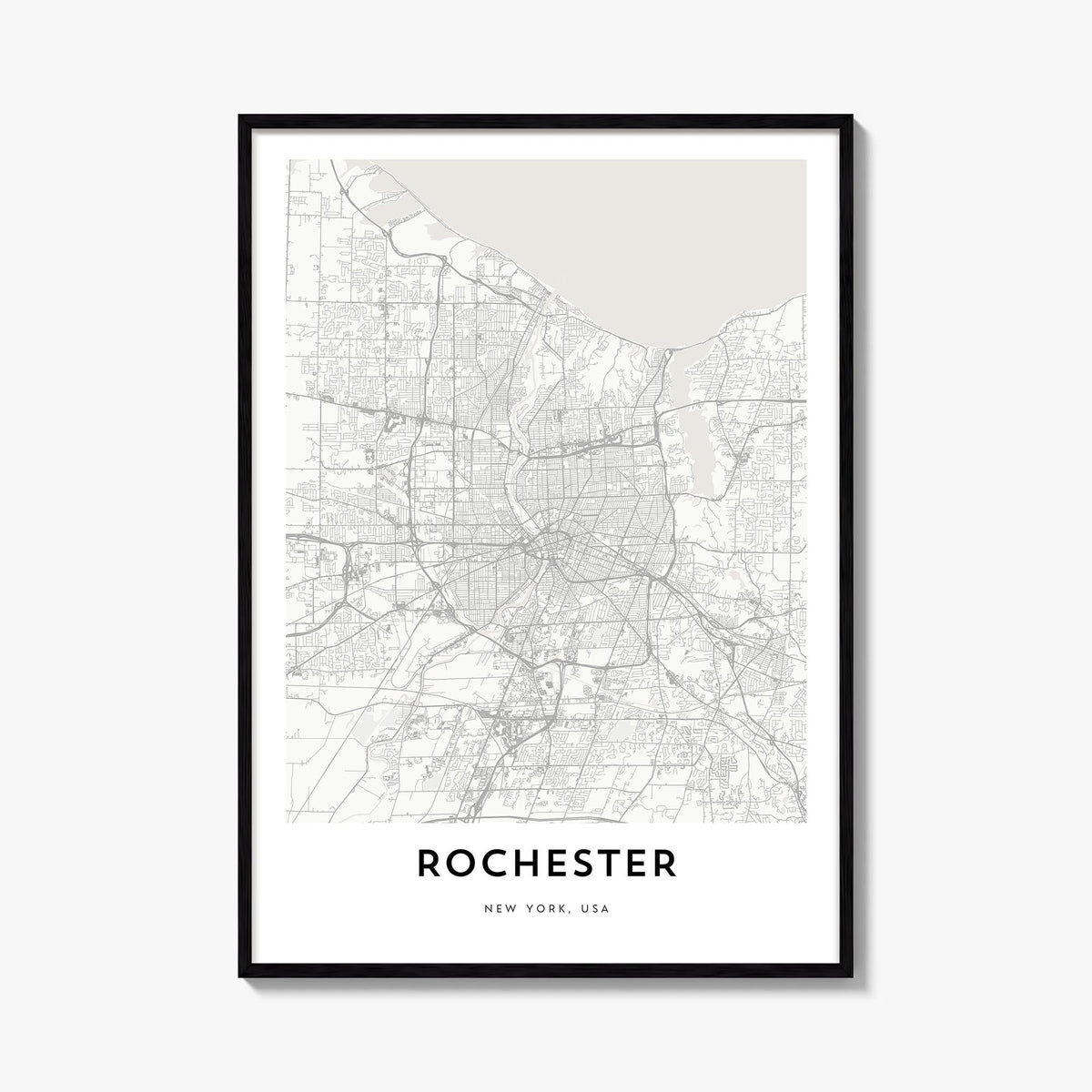 Rochester, New York black & white map poster of New York, USA – vertical wall art, unframed print shown in interior mockup
