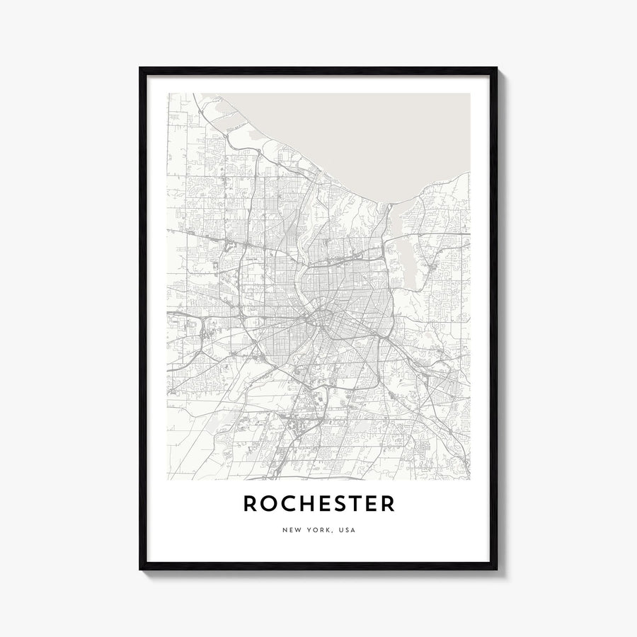 Rochester, New York black & white map poster of New York, USA – vertical wall art, unframed print shown in interior mockup