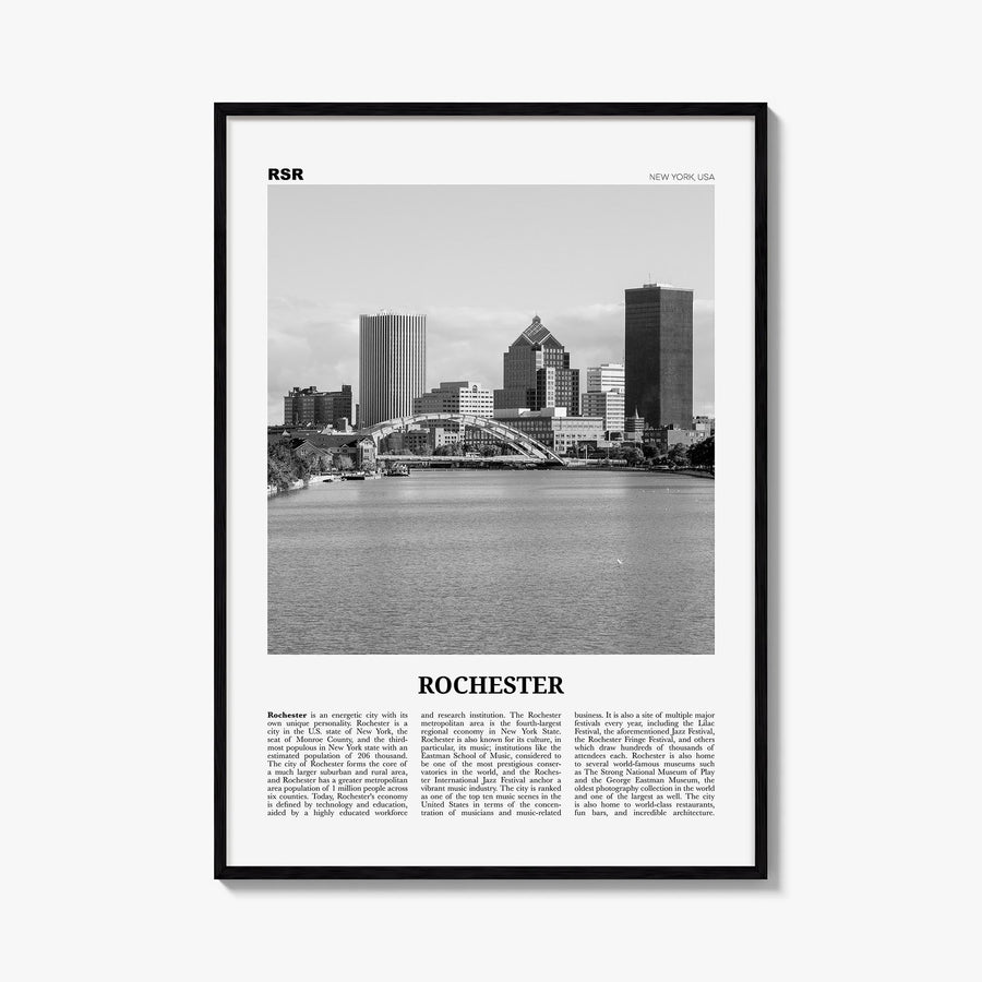Rochester, New York black & white newspaper poster of New York, USA – vertical wall art, unframed print shown in interior moc