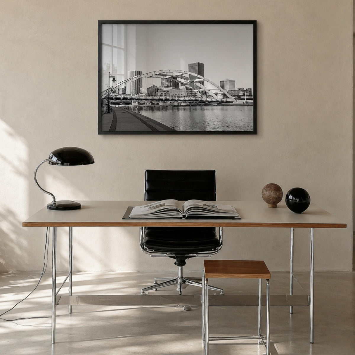Rochester, New York black & white photo poster of New York, USA – horizontal wall art in black wood frame, hanging on wall