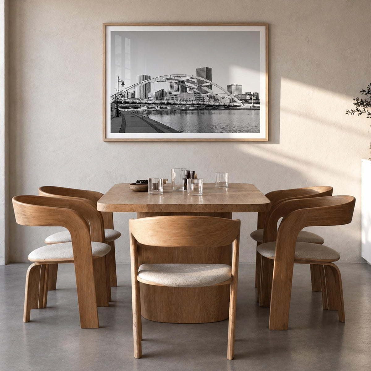 Rochester, New York black & white photo poster of New York, USA – horizontal wall art in natural wood frame with white border