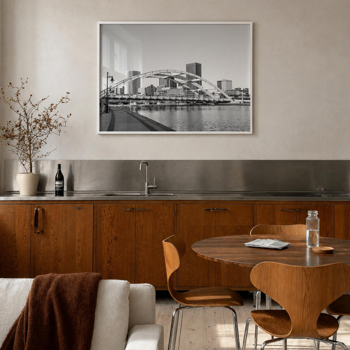 Rochester, New York black & white photo poster of New York, USA – horizontal wall art in white wood frame, hanging on wall