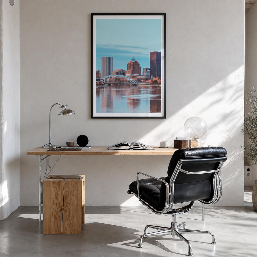 Rochester, New York no. 1 colorful photo poster of New York, USA – vertical wall art in black wood frame with white border, h