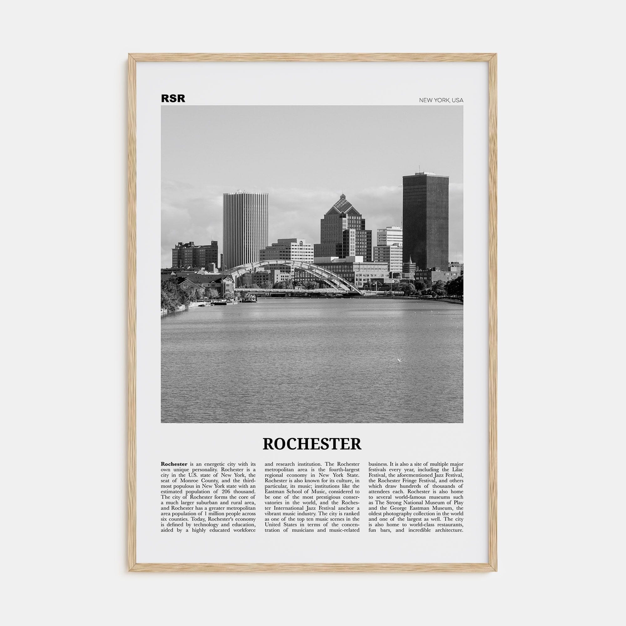 Rochester, New York Poster Natural Wood / 8x12 in Nbourhood Travel B&W Poster