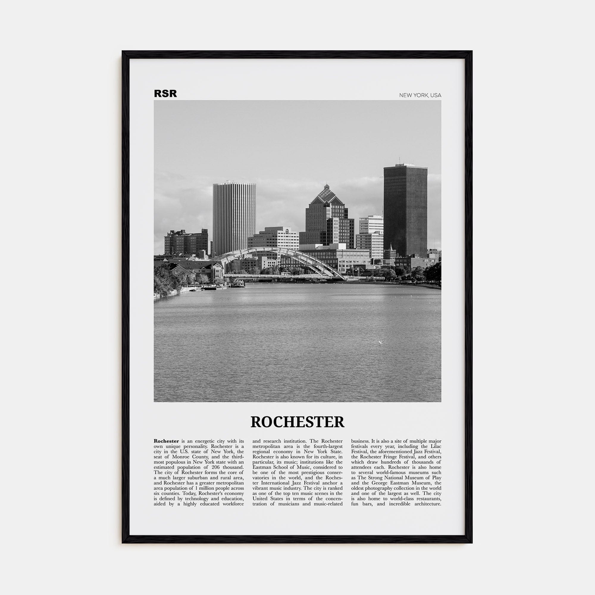 Rochester, New York Poster Black Wood / 8x12 in Nbourhood Travel B&W Poster