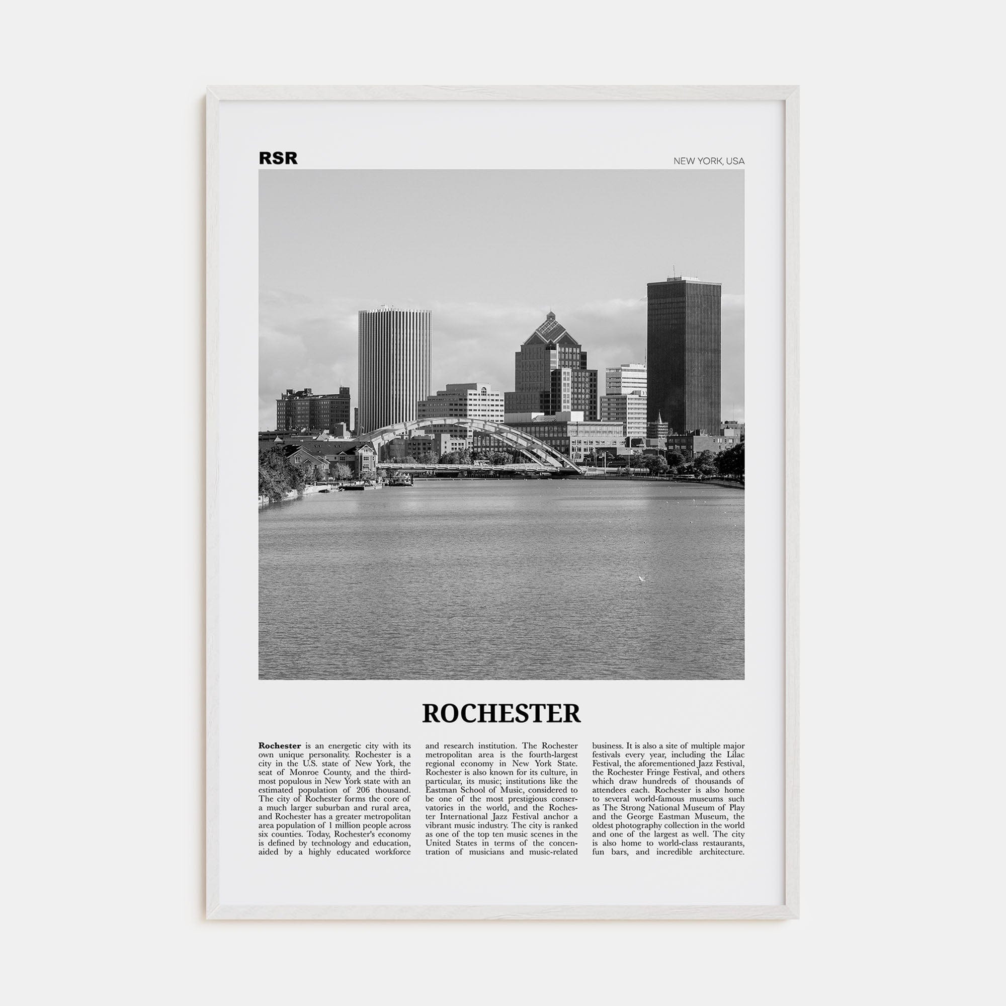 Rochester, New York Poster White Wood / 8x12 in Nbourhood Travel B&W Poster