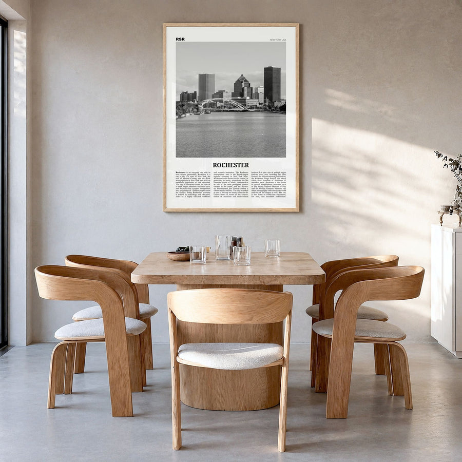 Rochester, New York Newspaper Poster in a natural wood frame, hanging in a dining room