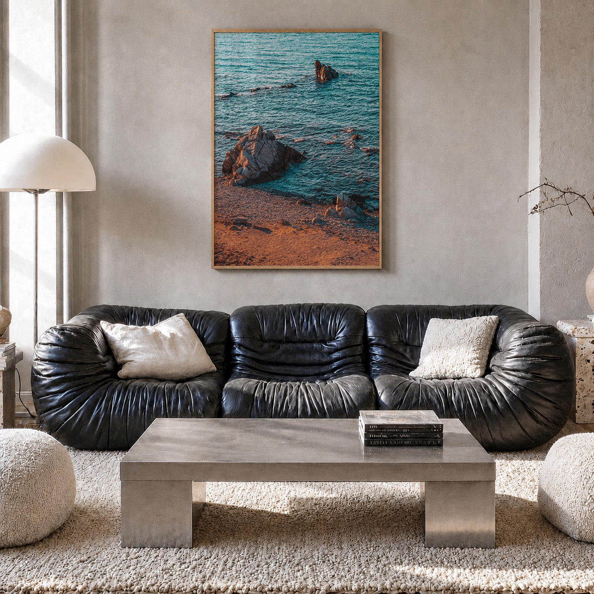 Rock Beach colorful photo poster – vertical wall art in natural wood frame, hanging on wall