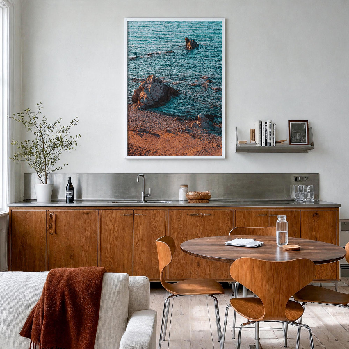 Rock Beach colorful photo poster – vertical wall art in white wood frame, hanging on wall