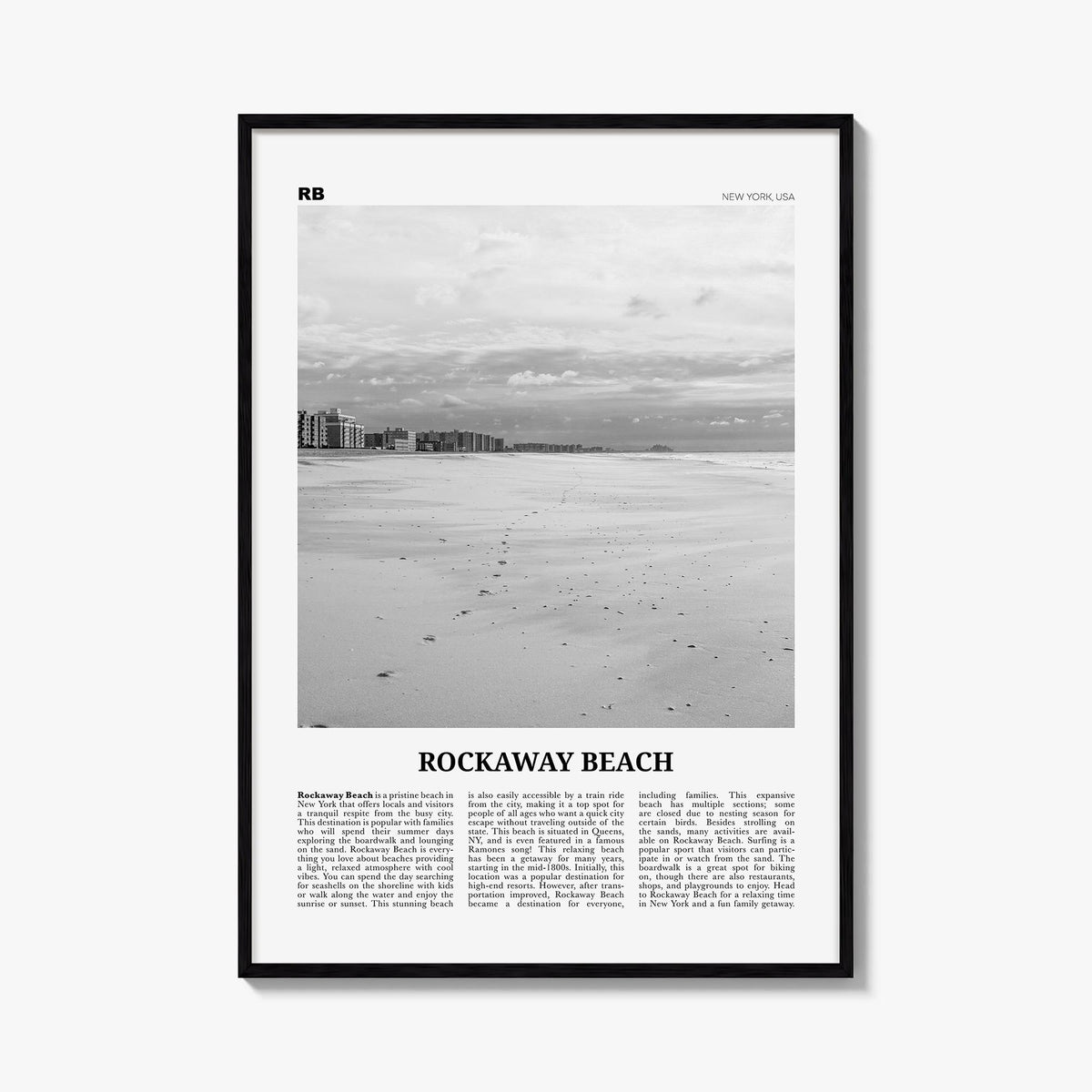 Rockaway Beach black & white newspaper poster of Queens, New York City – vertical wall art, unframed print shown in interior 