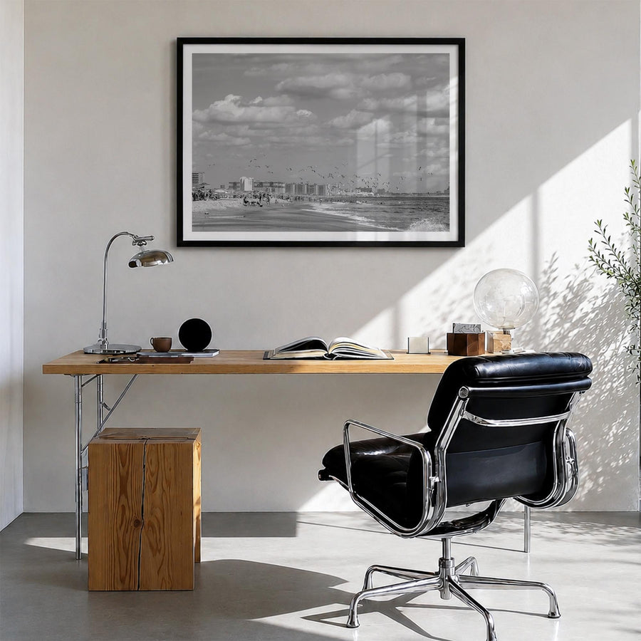 Rockaway Beach black & white photo poster of Queens, New York City – horizontal wall art in black wood frame with white borde