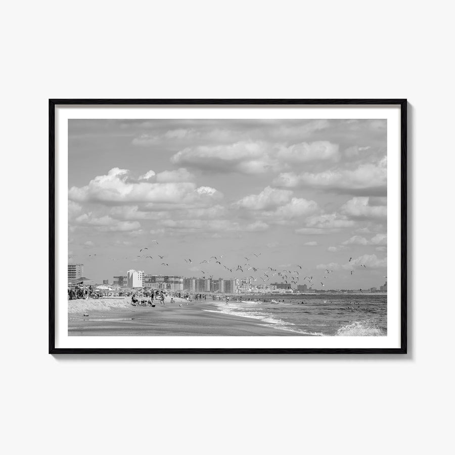 Rockaway Beach black & white photo poster of Queens, New York City – horizontal wall art, unframed print shown in interior mo