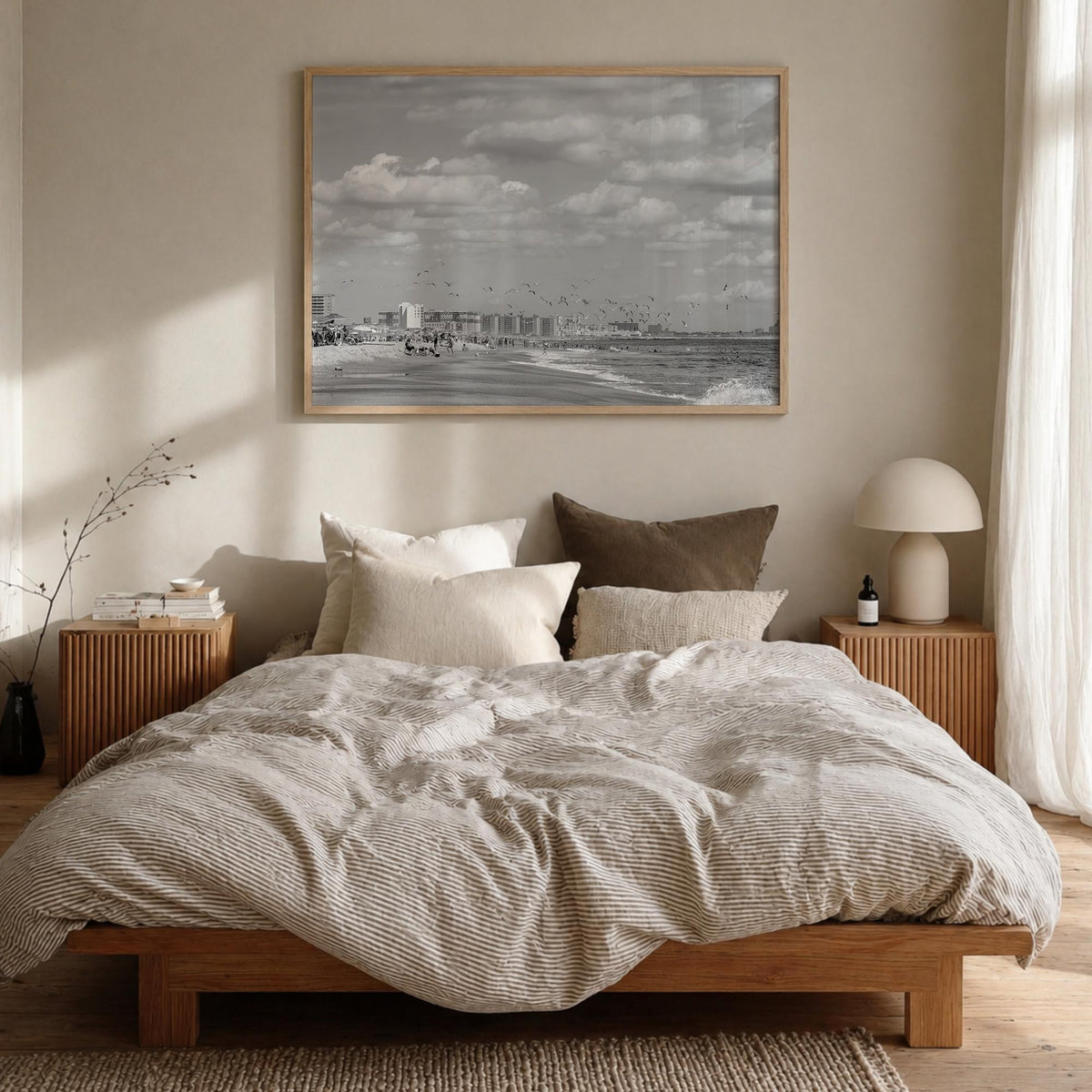 Rockaway Beach black & white photo poster of Queens, New York City – horizontal wall art in natural wood frame, hanging on wa