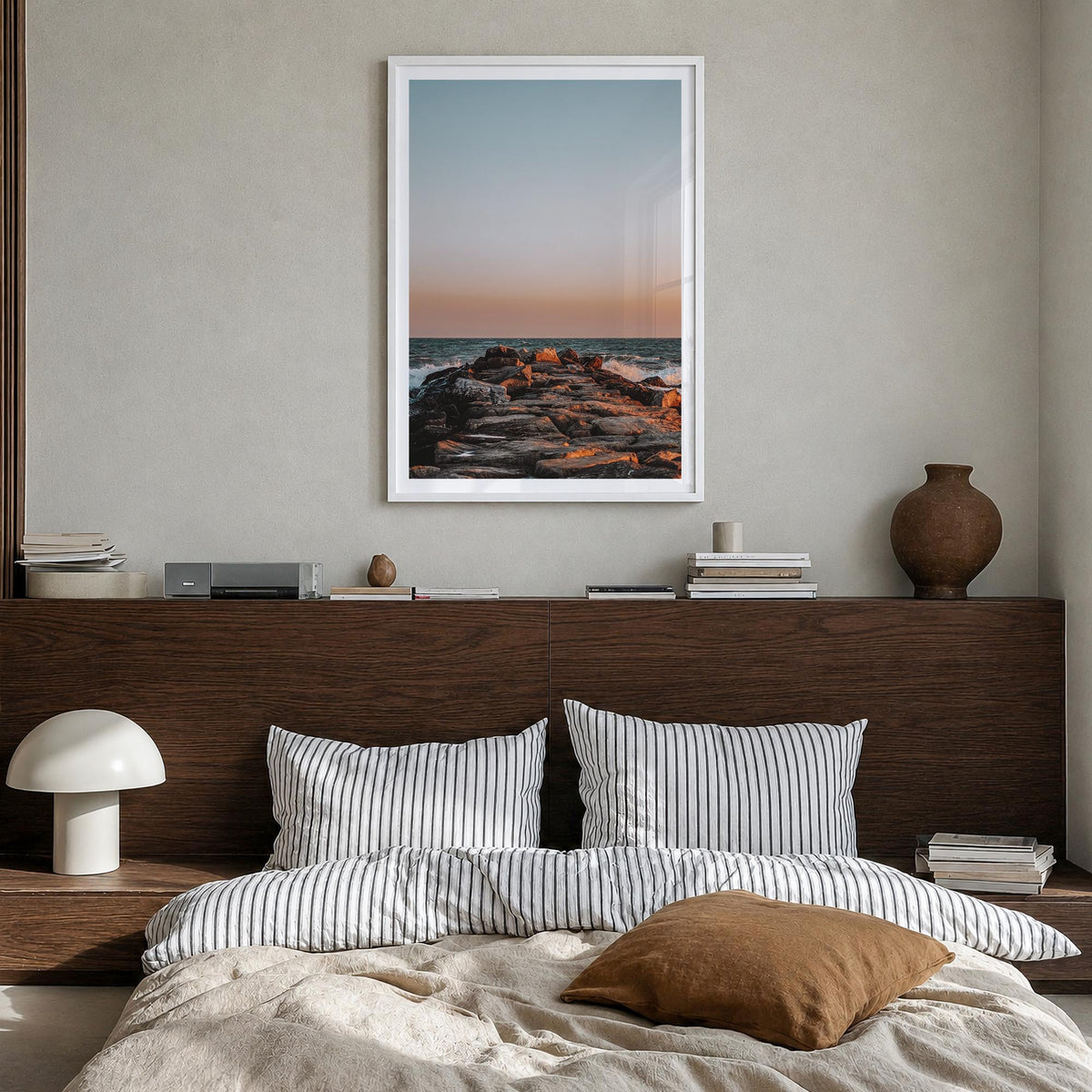 Rockaway Beach no. 2 colorful photo poster of Queens, New York City – vertical wall art in white wood frame with white border