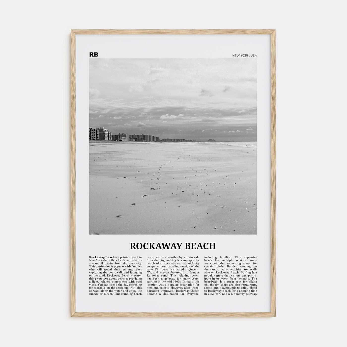 Rockaway Beach Poster Natural Wood / 8x12 in Nbourhood Travel B&W Poster