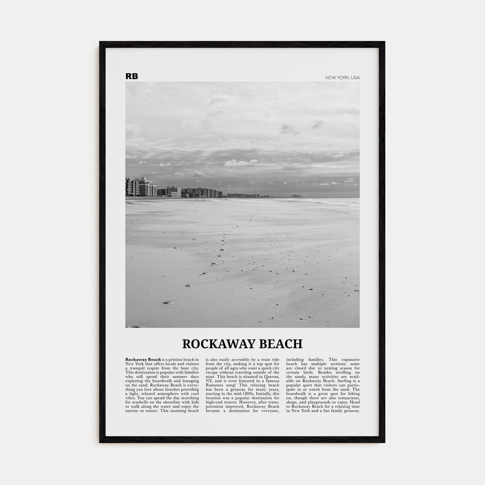 Rockaway Beach Poster Black Wood / 8x12 in Nbourhood Travel B&W Poster