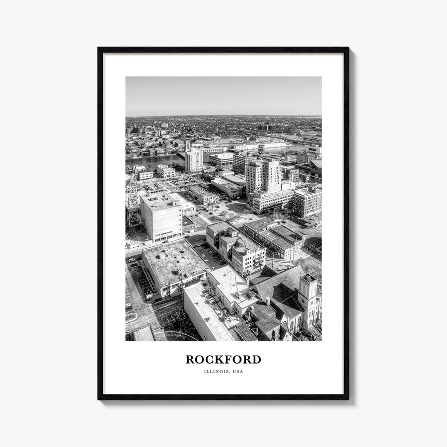 Rockford black & white classic poster of Illinois, USA – vertical wall art, unframed print shown in interior mockup