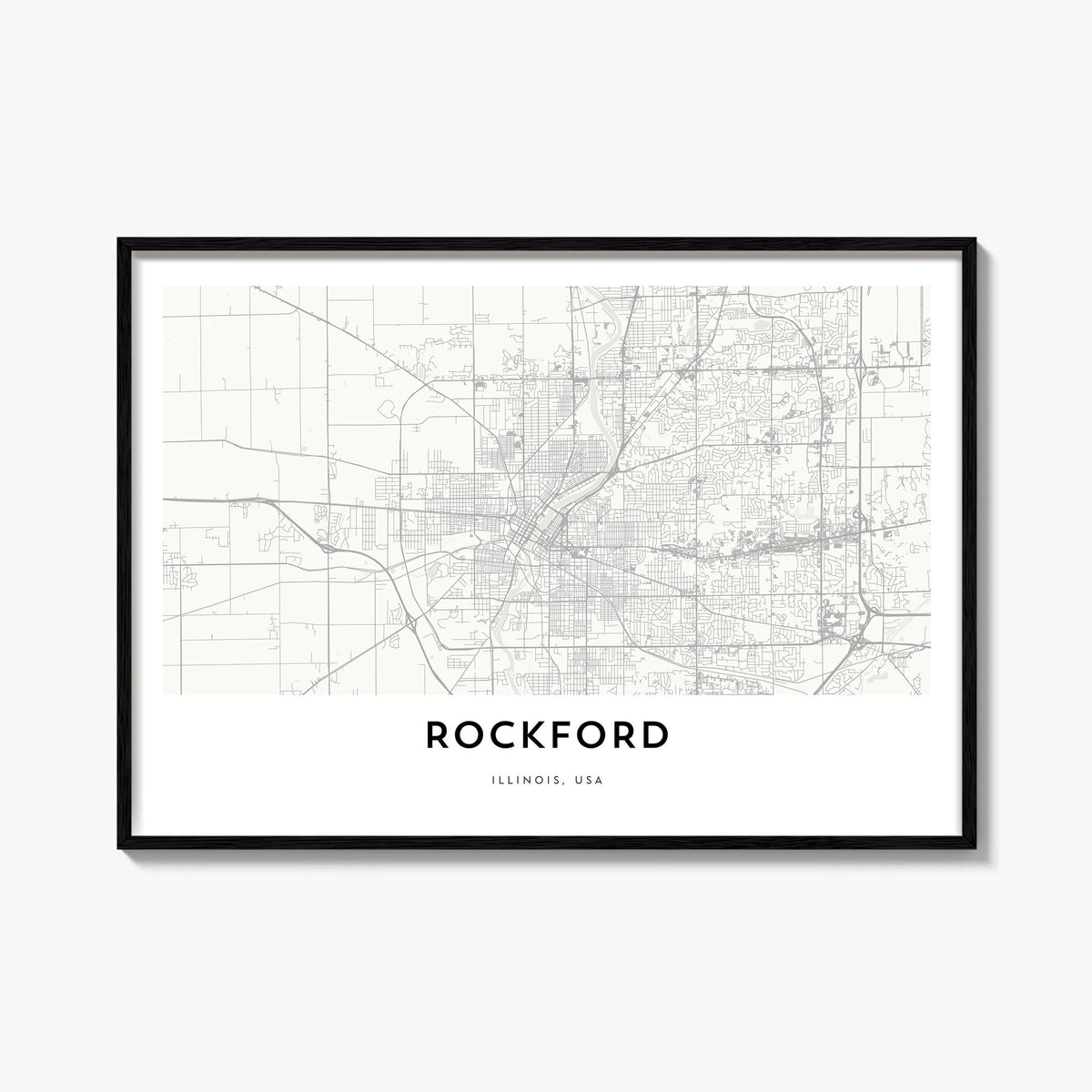 Rockford black & white map poster of Illinois, USA – horizontal wall art, unframed print shown in interior mockup