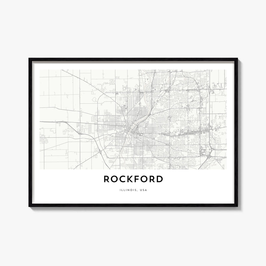 Rockford black & white map poster of Illinois, USA – horizontal wall art, unframed print shown in interior mockup