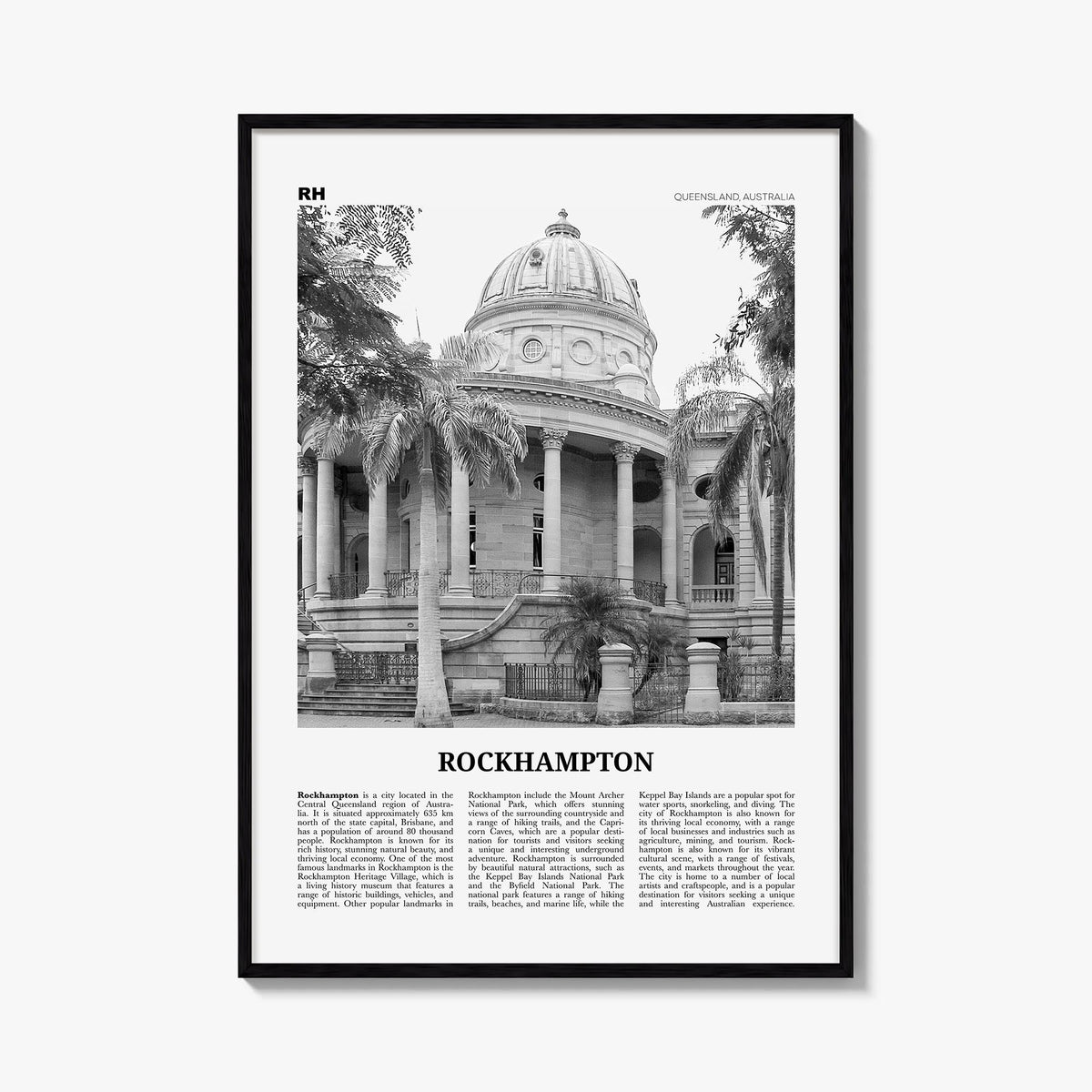 Rockhampton black & white newspaper poster of Australia – vertical wall art, unframed print shown in interior mockup