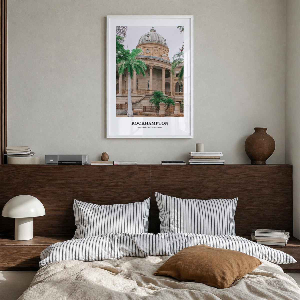 Rockhampton colorful classic poster of Australia – vertical wall art in white wood frame, hanging on wall