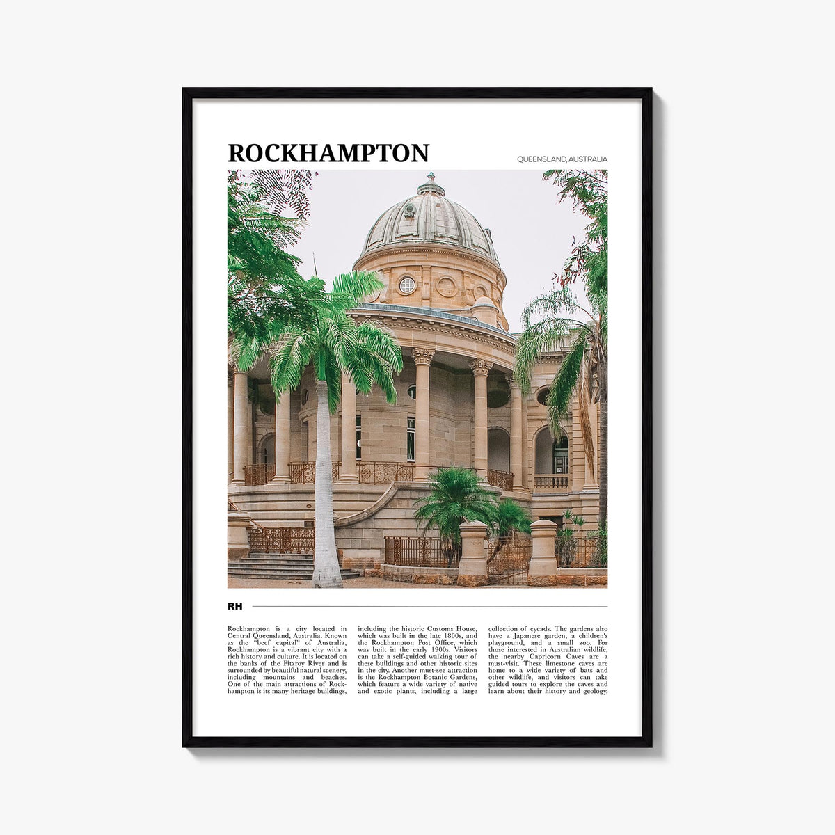 Rockhampton colorful travel poster of Australia – vertical wall art, unframed print shown in interior mockup