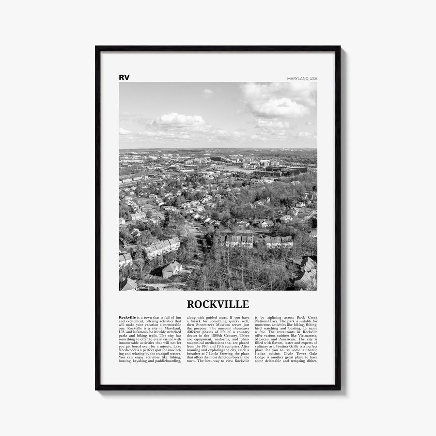 Rockville black & white newspaper poster of Maryland, USA – vertical wall art, unframed print shown in interior mockup