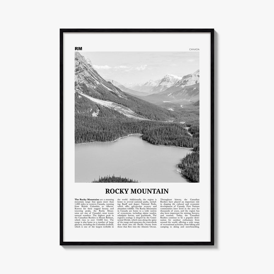 Rocky Mountains no. 1 black & white newspaper poster of Canada – vertical wall art, unframed print shown in interior mockup