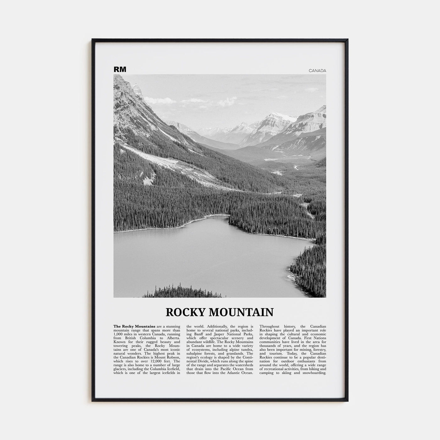 Rocky Mountain, Canada Poster Black Metal / 8x12 in Nbourhood Travel B&W Poster