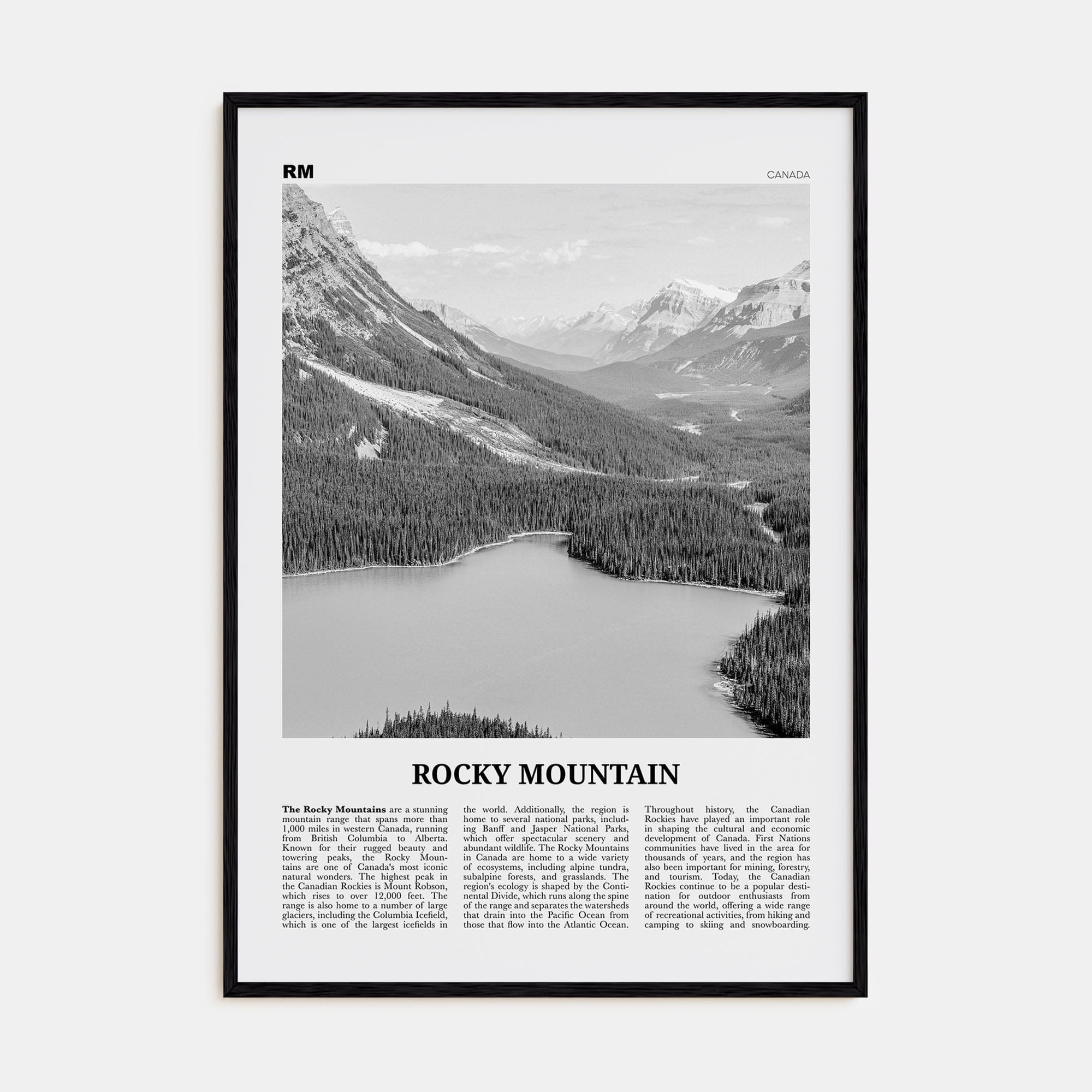 Rocky Mountain, Canada Poster Black Wood / 8x12 in Nbourhood Travel B&W Poster