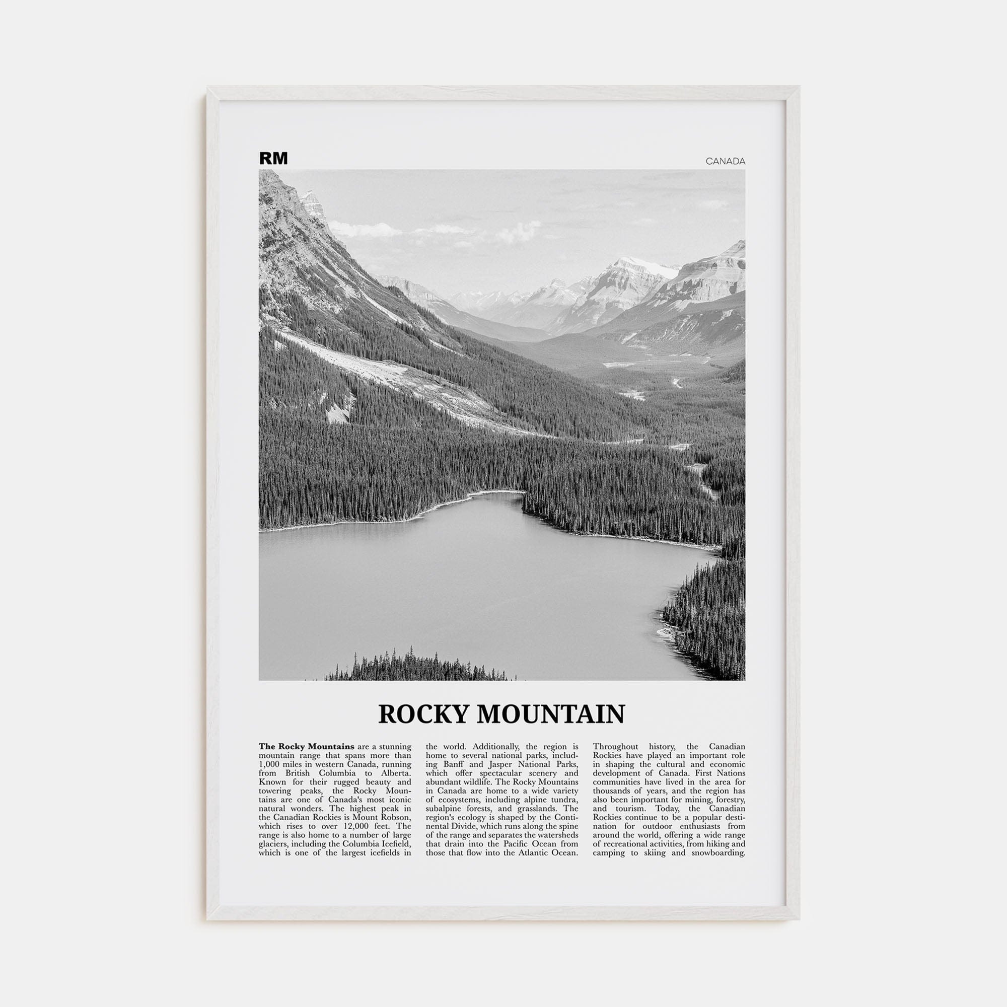 Rocky Mountain, Canada Poster White Wood / 8x12 in Nbourhood Travel B&W Poster