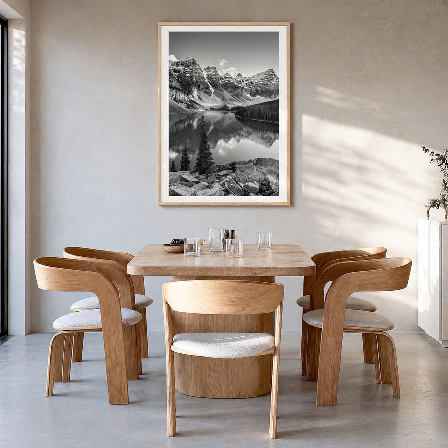 Rocky Mountain National Park Photo Poster in a natural wood frame, hanging in a dining room, white border